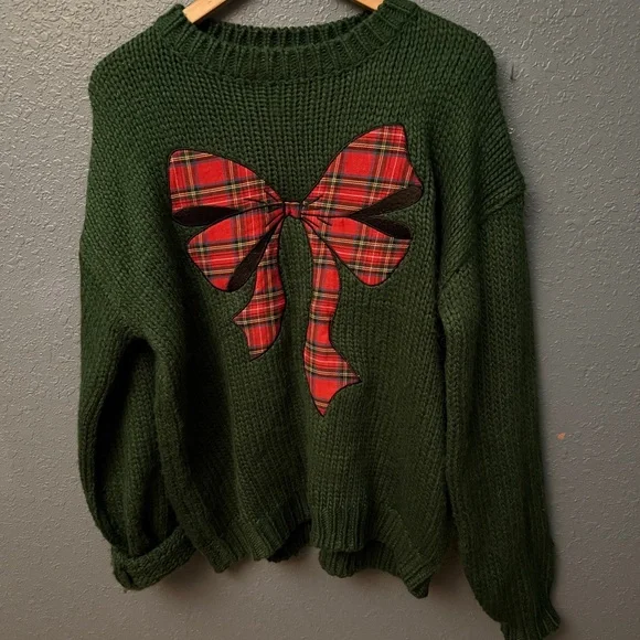 Green Sweater with Red Plaid Bow Christmas Holiday - Picture 2 of 4